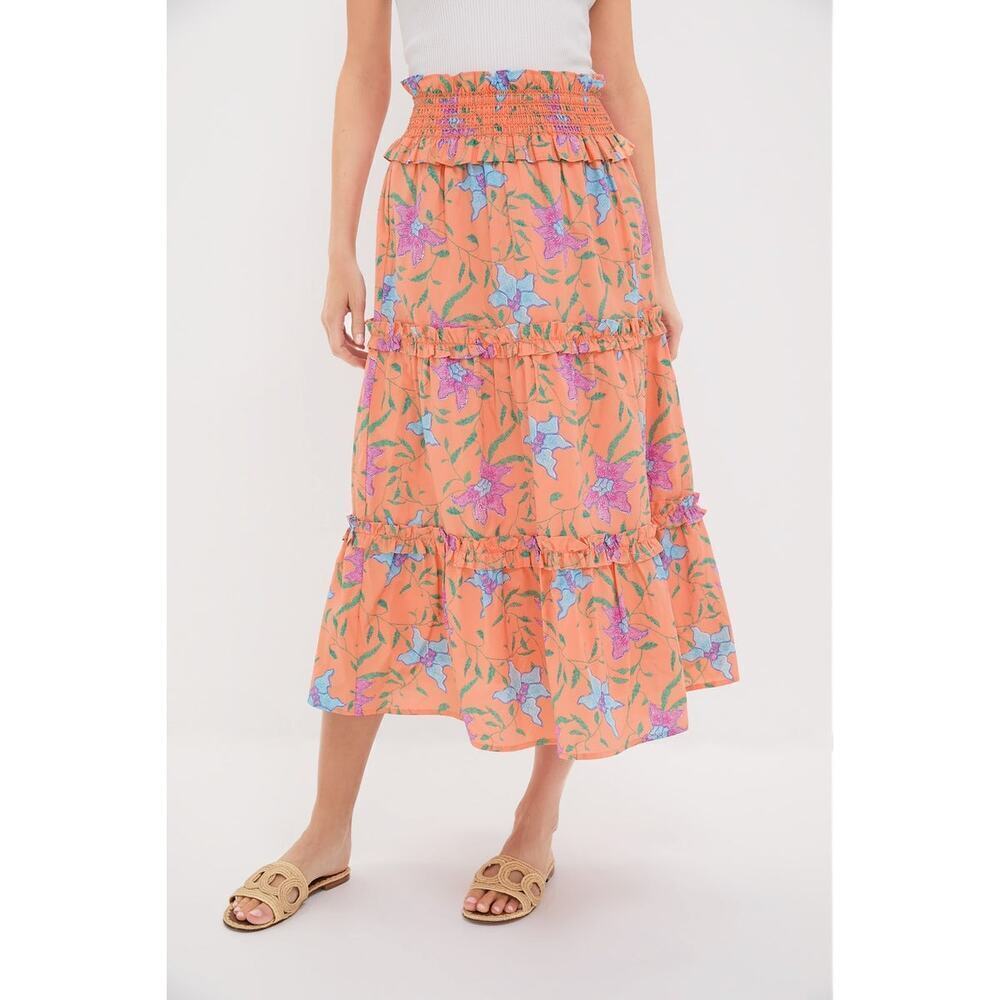 HYACINTH HOUSE Orange Multi Floral Smocked Odette Maxi Skirt Size L NWT